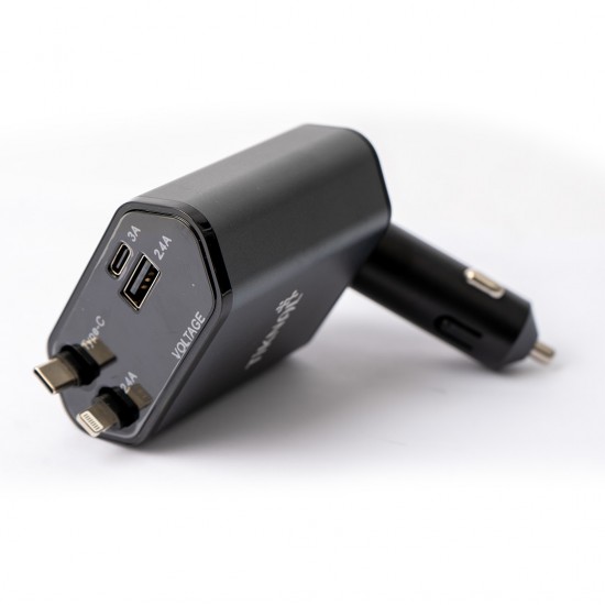 Tiknal 4'ü 1 Arada Araç Şarj Cihazı – 120W PD USB-C + USB-A, Dahili Lightning ve Type-C Kablo ile | Gri