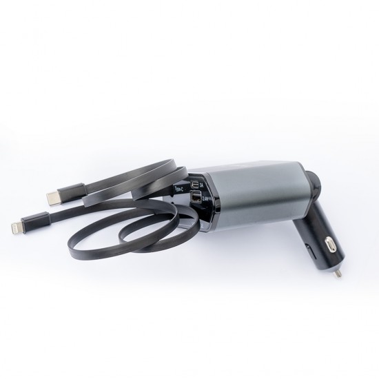 Tiknal 4'ü 1 Arada Araç Şarj Cihazı – 120W PD USB-C + USB-A, Dahili Lightning ve Type-C Kablo ile | Gri
