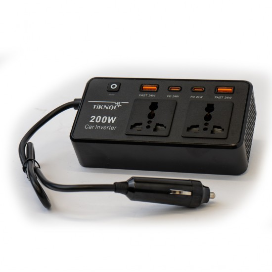 Tiknal 200W Araç Güç Dönüştürücüsü, Çift AC Prizleri, Çift USB-C PD Bağlantı Noktaları ve Çift USB Bağlantı Noktaları | Siyah